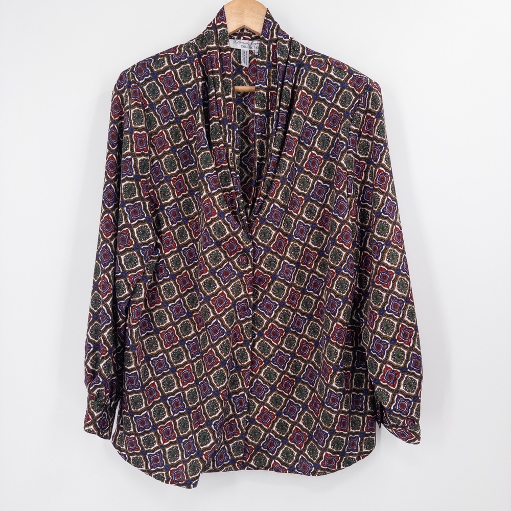 Vintage Draped Blouse 16W Geometric Jewel Tone 90s 80s Retro Silky Art‎ Teacher